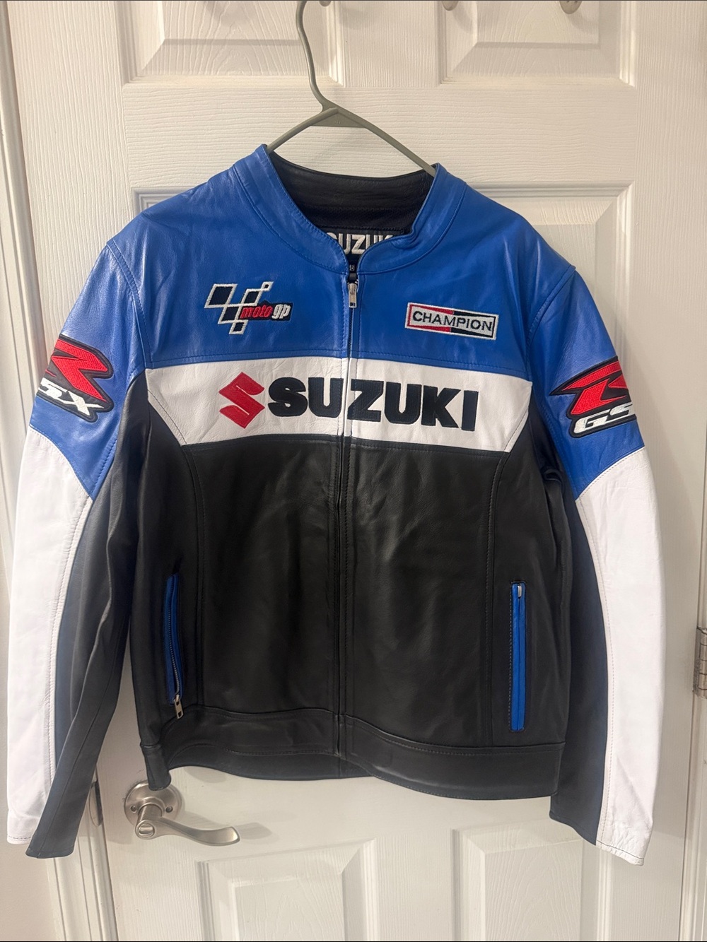 Men’s Blue, Black & White Racing Leather Bomber Jacket